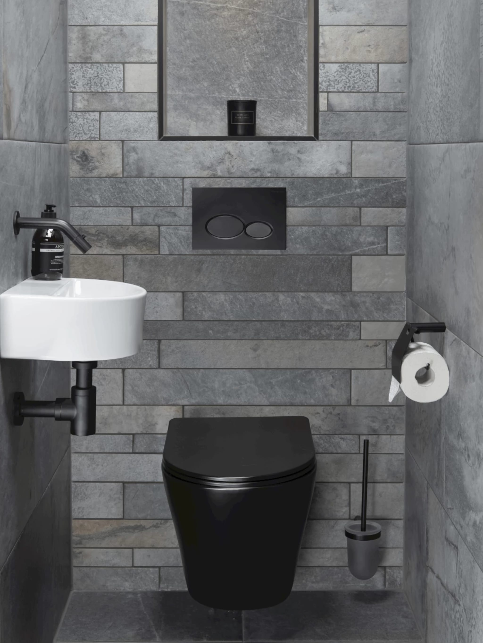 Compleet toilet Black Nature met een zwart wandcloset, grijze betonlook strooktegels en een witte ronde fontein