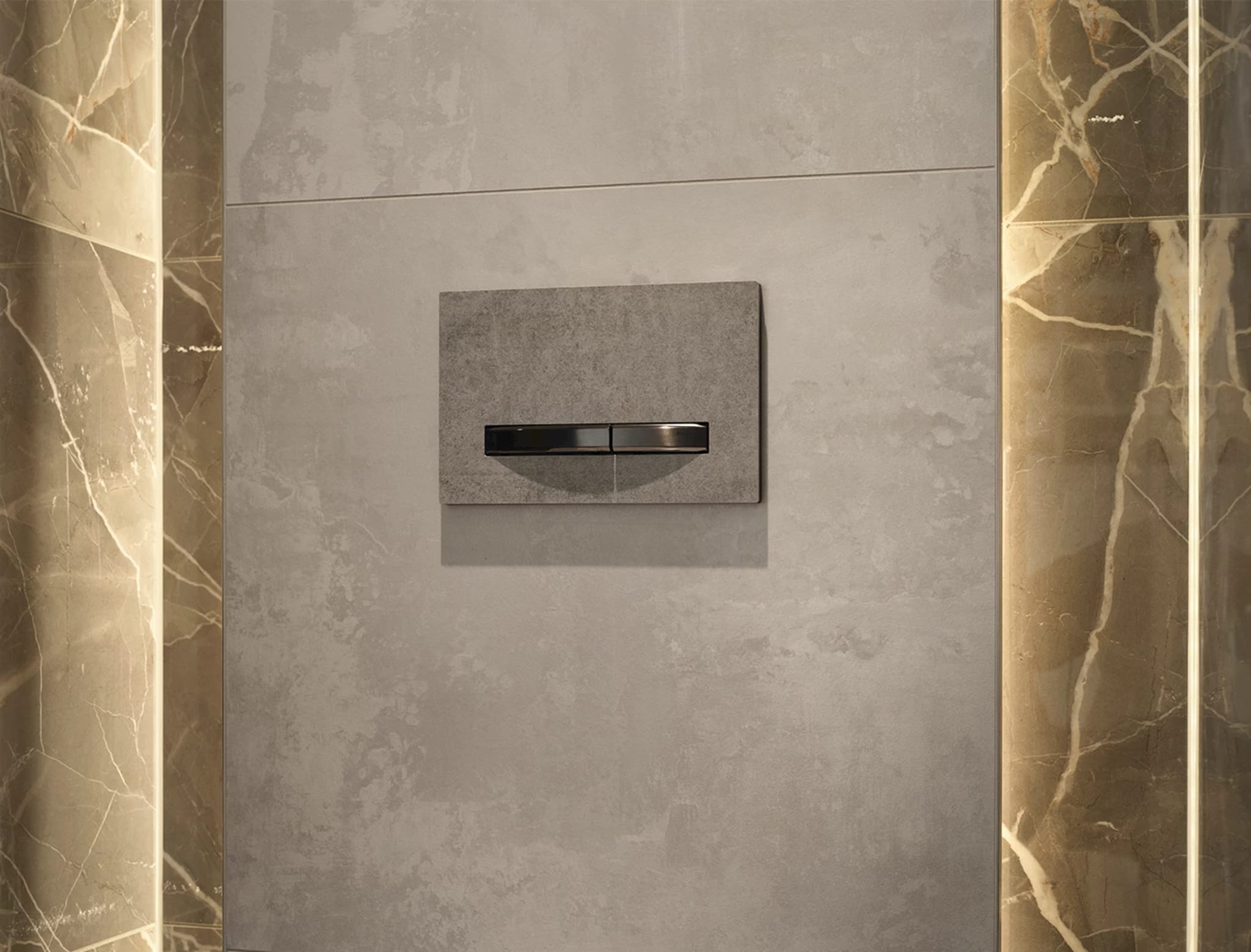 Verlichte marmerlook tegelstroken met een drukplaat in betonlook en Gun Metal bij Sani4All