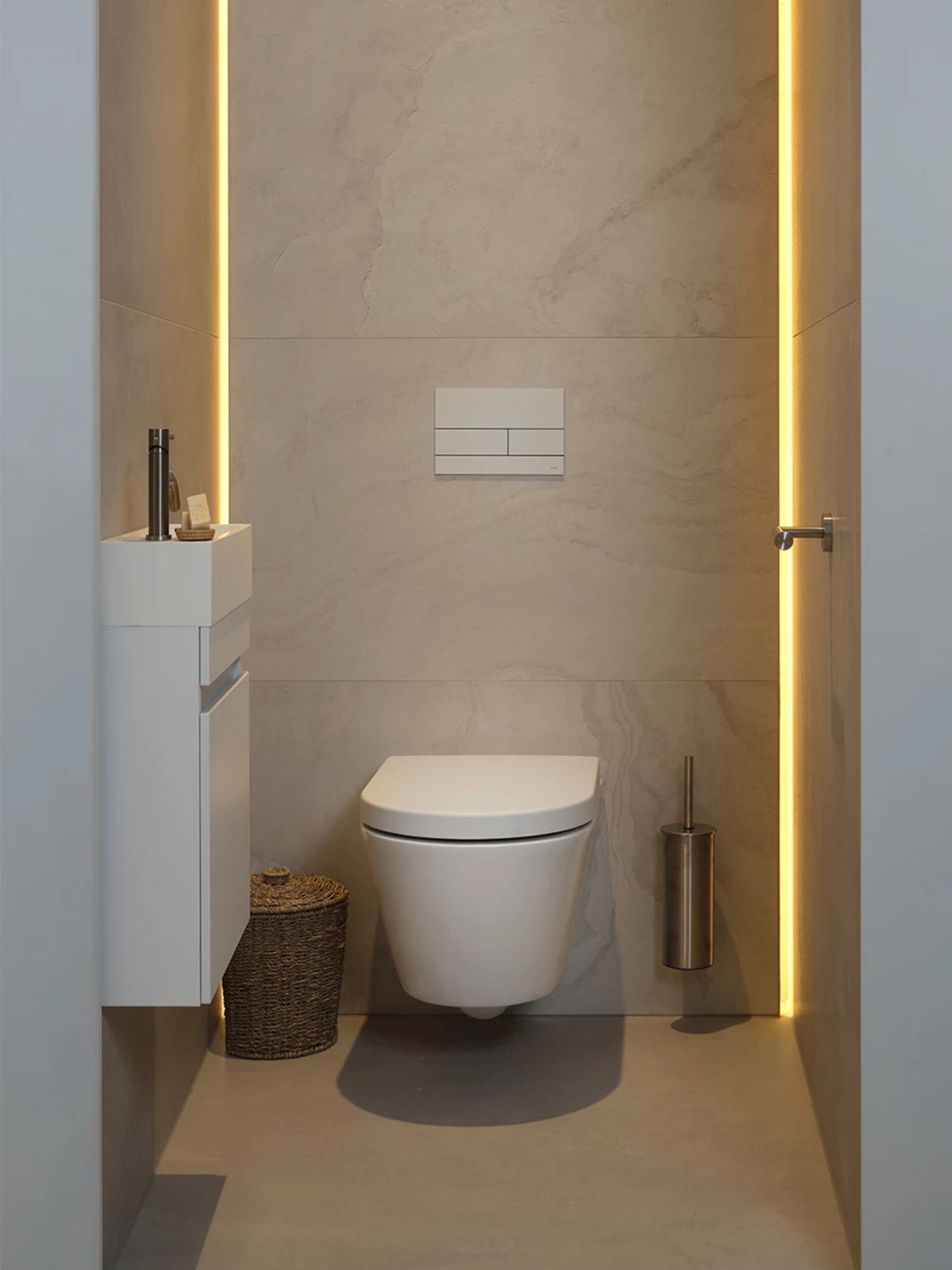 Het toilet Marble XL van voren gezien, met de verlichte stroken in beide hoeken en links de mat witte fonteinkast