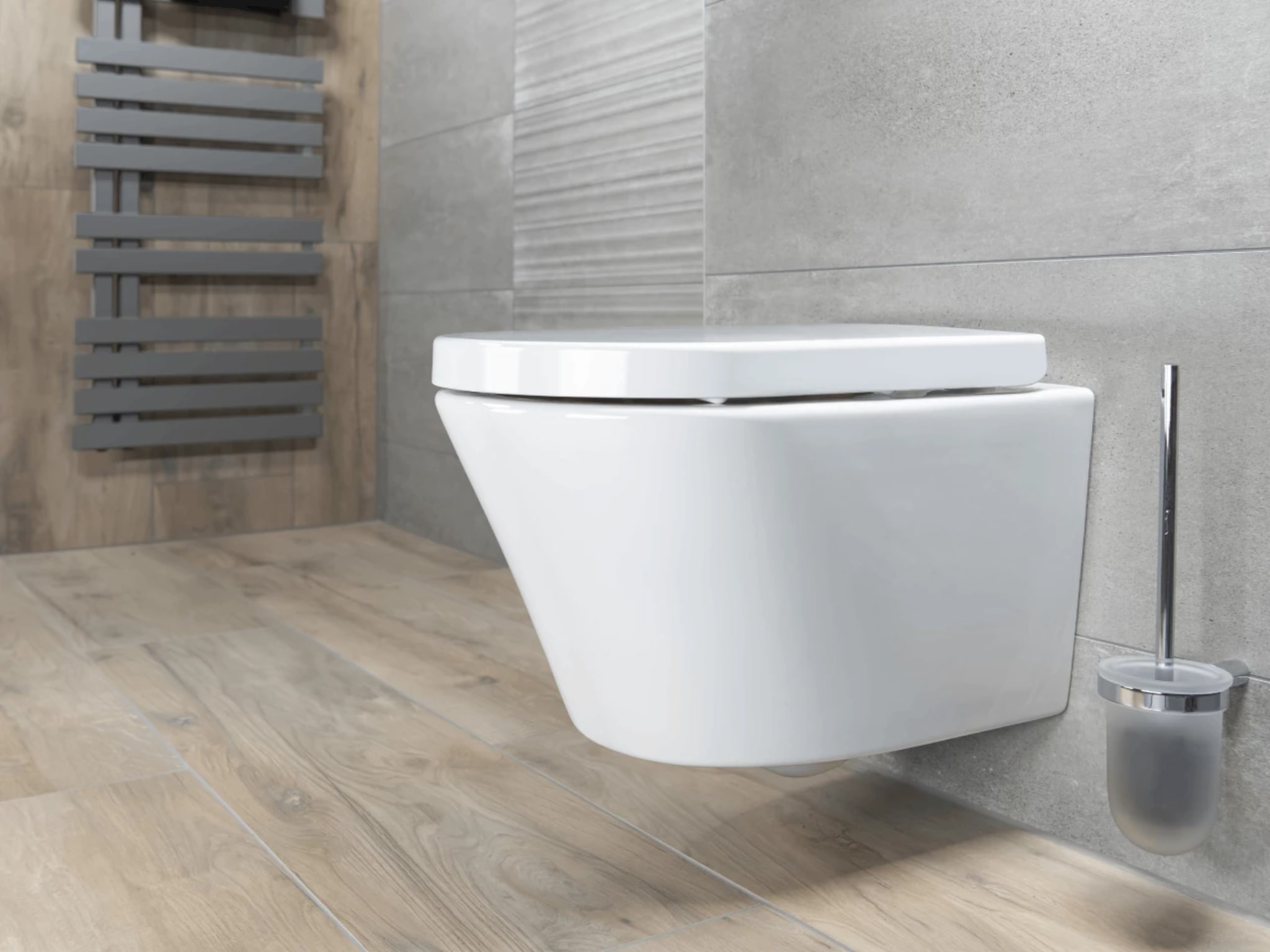 Wit hangtoilet en grijze designradiator in badkamer Infinity Wood