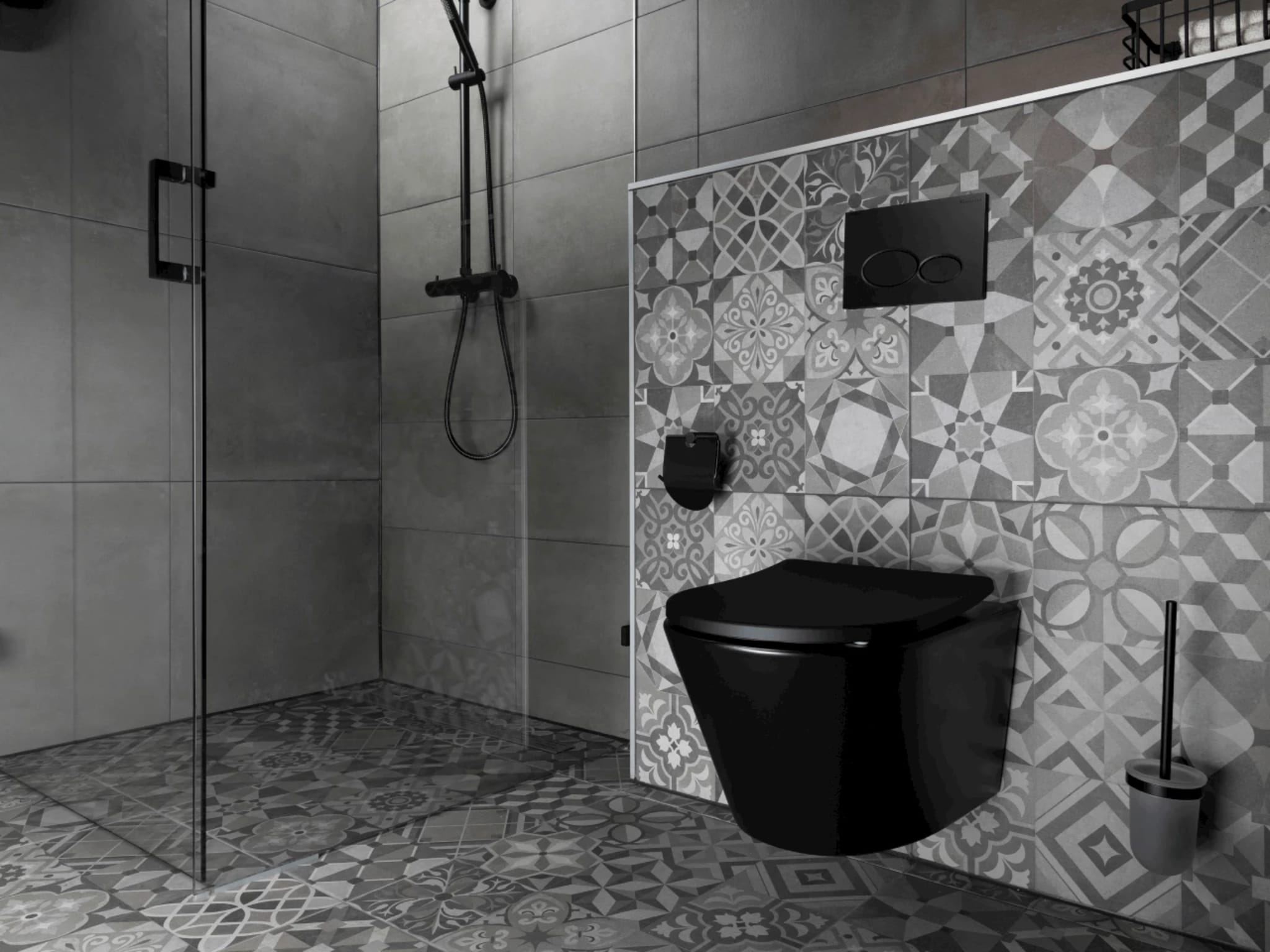 Douchehoek met mat zwarte doucheset naast het zwarte hangtoilet tegen Portugese decortegels
