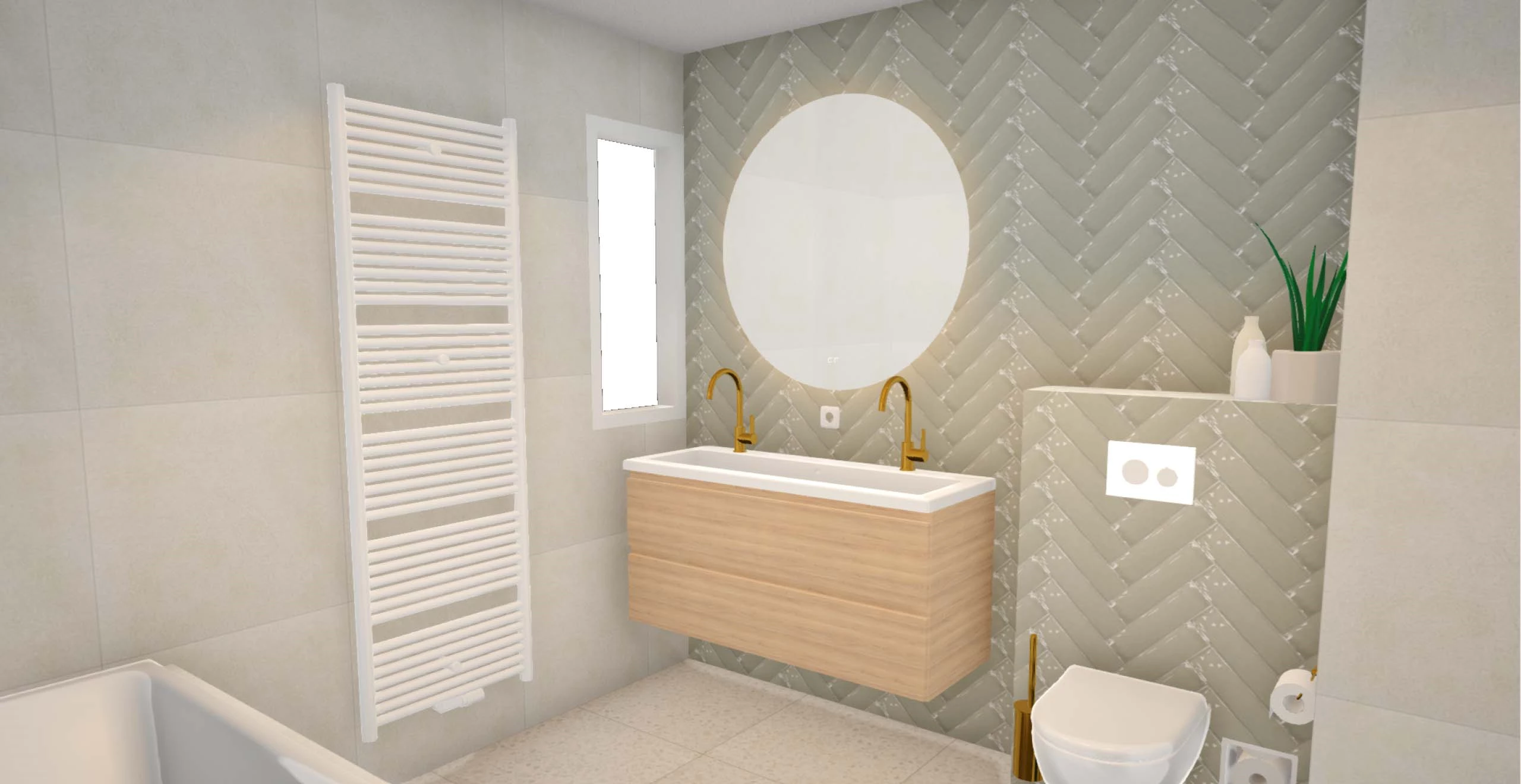 3D-ontwerp van een badkamer met handdoekradiator, wastafelmeubel en hangtoilet