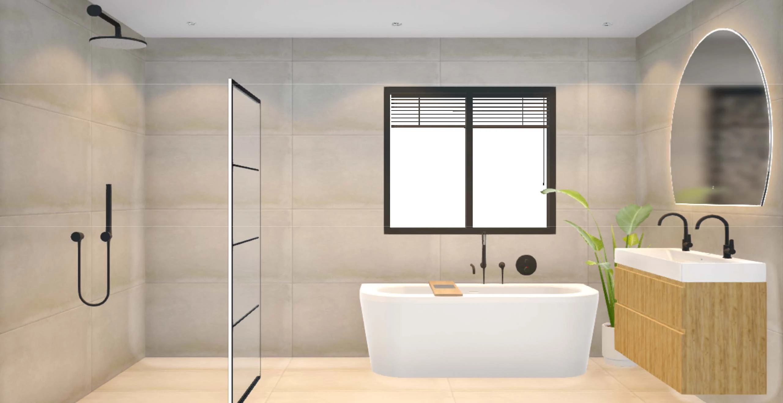3D-ontwerp van een badkamer met vrijstaand bad, inloopdouche en een wastafelmeubel