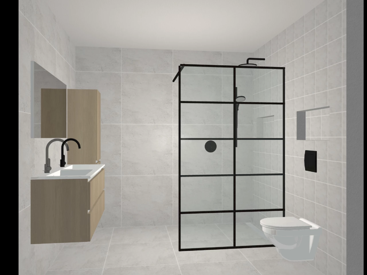 Zijaanzicht complete badkamer in 3d