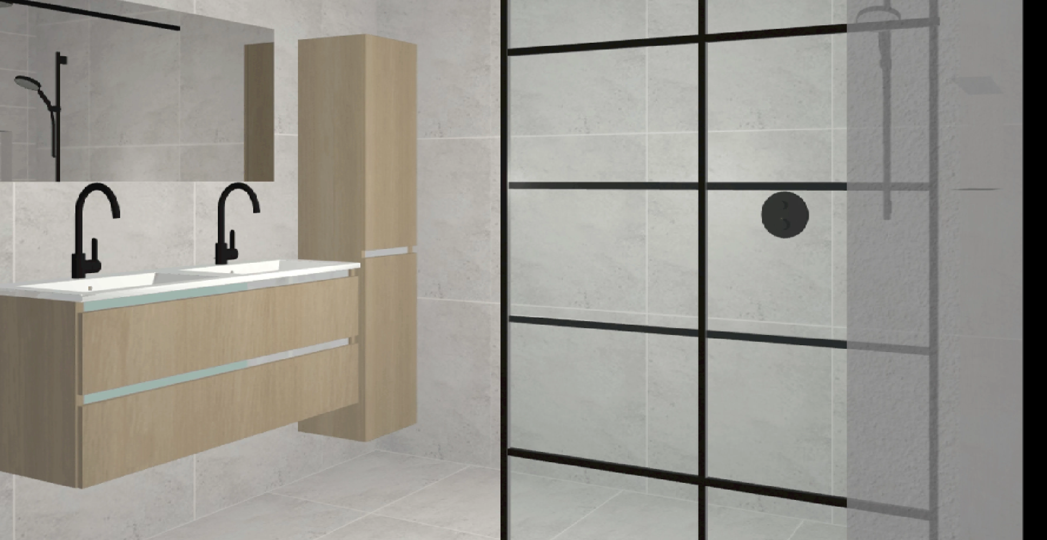 3D-ontwerp van een badkamer met dubbele wastafel en een inloopdouche met zwart deurprofiel