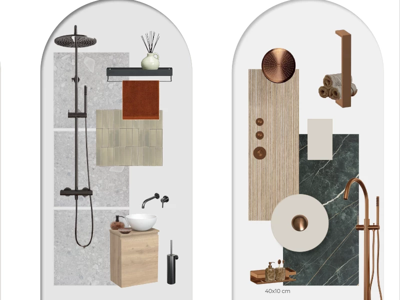 Twee boogvormige moodboards met groen marmer, terracotta en koperkleurige kranen