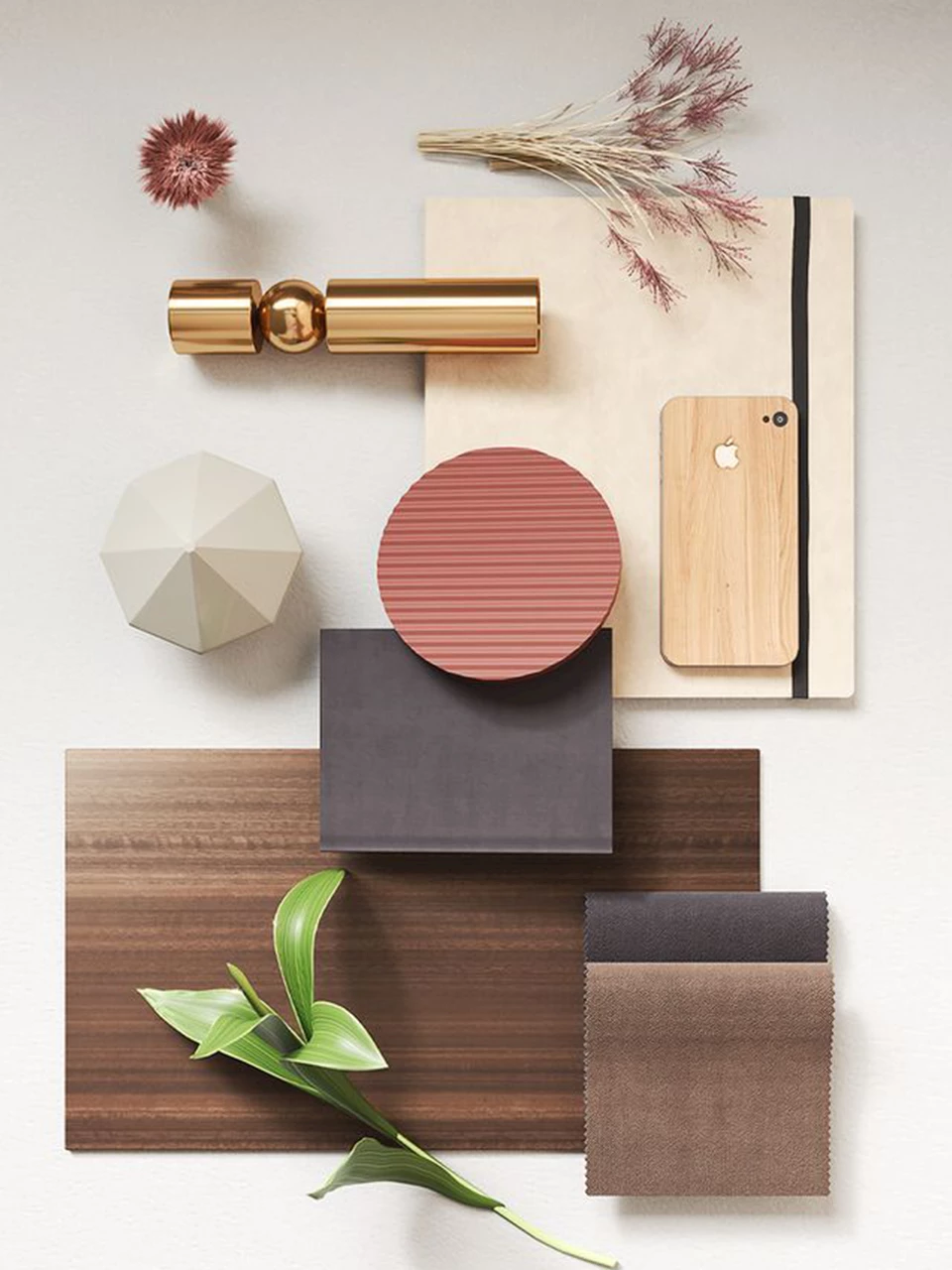 Moodboard met een roodbruine ronde kleurschijf, donker hout en een lichte geometrische tegel